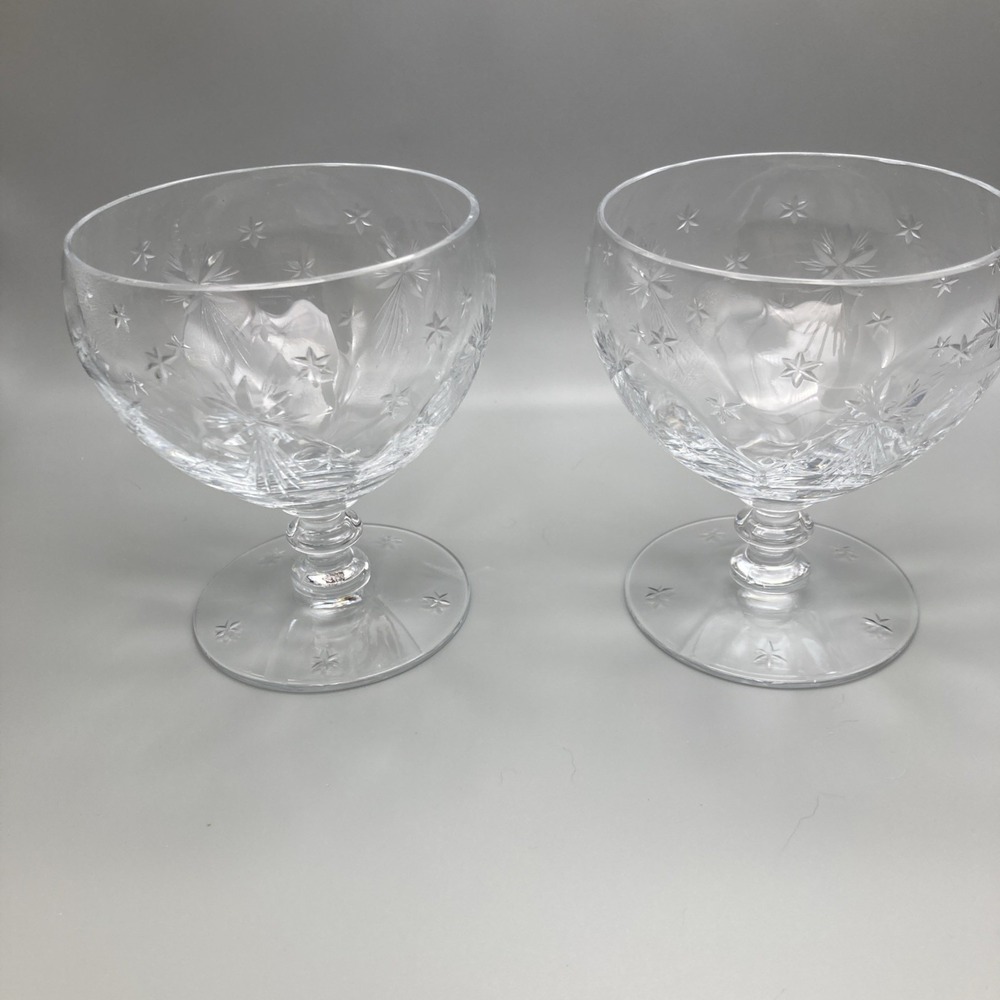 Set Of 2 Hawkes Brilliant Cut Crystal Atomic Starburst Sherbet Cocktail Glasses